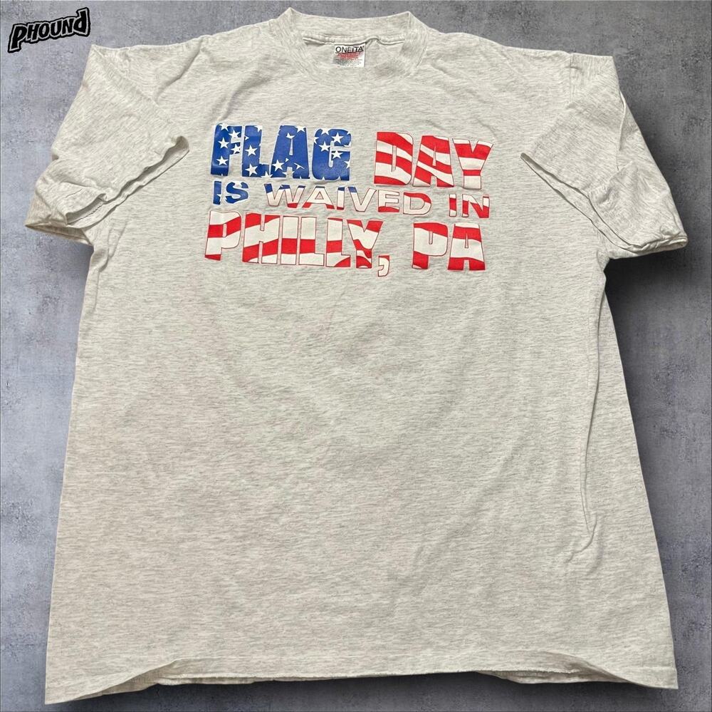 Vintage Oneita Flag Day Shirt Mens Large Philly PA USA Patriotic Graphic 90s